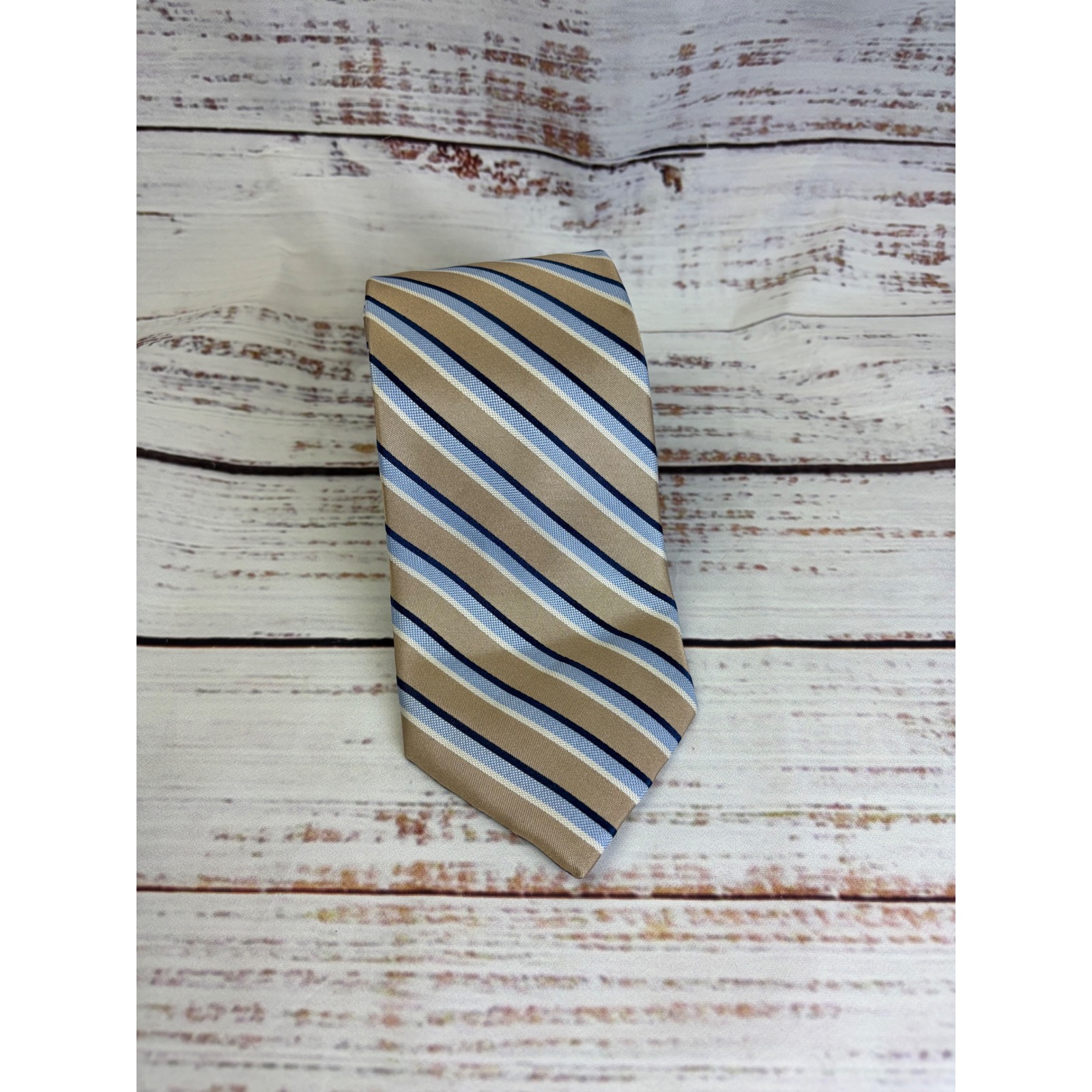 Nautica Mens Silk Necktie Tan Blue Navy White Diagonal Striped Classic Tie